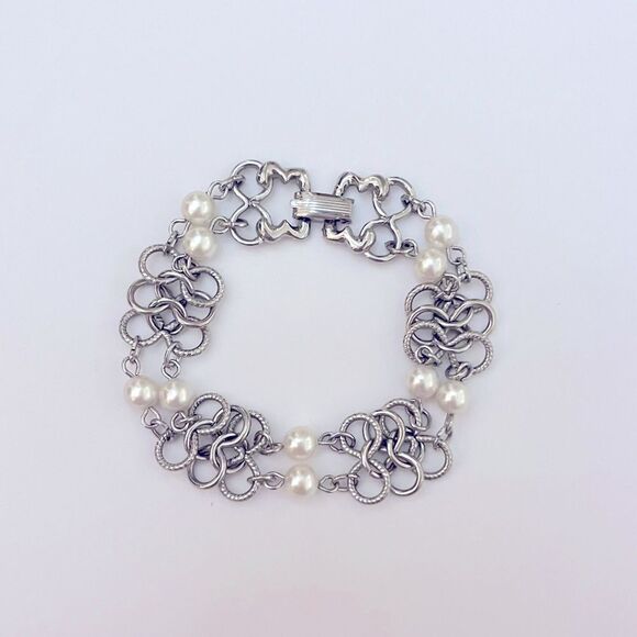 Vintage Goldette Silver Chain Link Pearl Bracelet - Picture 1 of 4